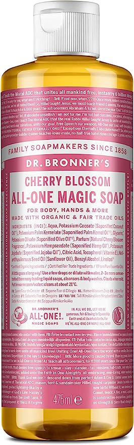 Dr Bronner's 18-in-1 Cherry Blossom Pure Castile Liquid Soap, Made with Non-GMO Products, Used for Face, Body, Hair, Laundry & Dishes, Certified Fair Trade & Vegan Friendly, 473 ml Recycled Bottle