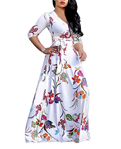 shekiss Women's Sexy Deep V Neck Floral Print Loose Dress Stretch Casual Long Maxi