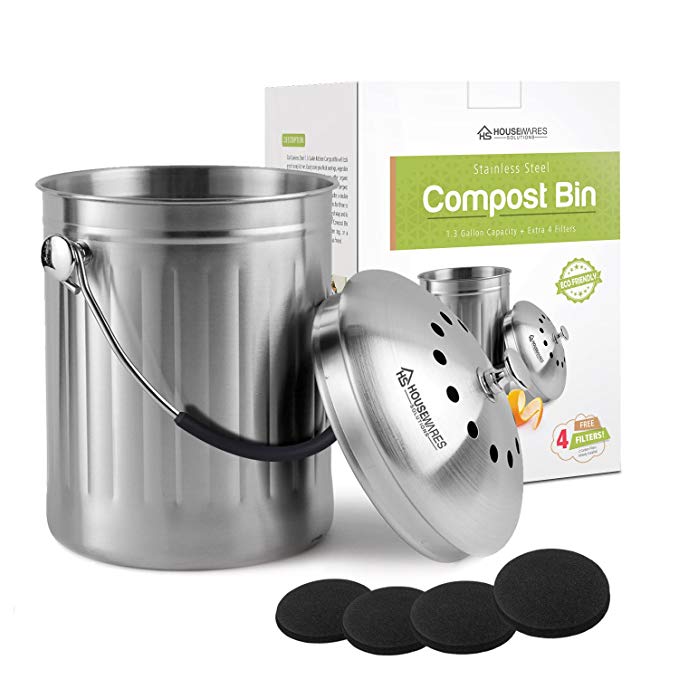 Top Quality Leak Proof Stainless Steel Compost Bin 1.3 Gallon – Includes 4 Extra Free Filters