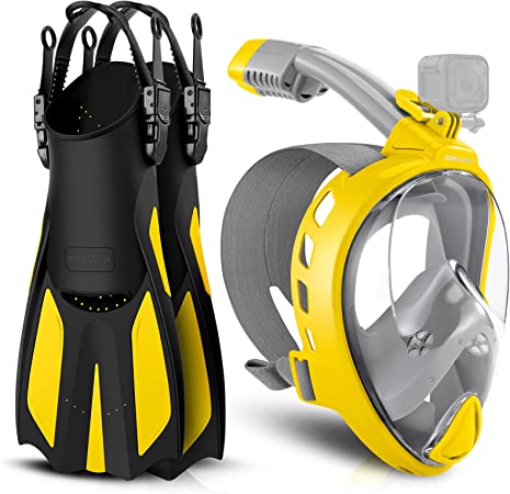 Odoland Snorkeling Packages for Adults & Youth, Full Face Snorkel Mask with Camera Mount, Adjustable Swim Fins, Mesh Bag, Anti-Fog Anti-Leak Scuba Diving Gear for Men & Women