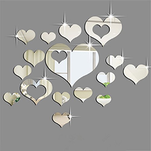 Ikevan 1Set 15pcs 3D Acrylic Heart-shaped Mirror Wall Stickers Plastic Removable Heart Art Decor Wall Poster Living Room Home Decoration,Multi-size,Silver(Smal)