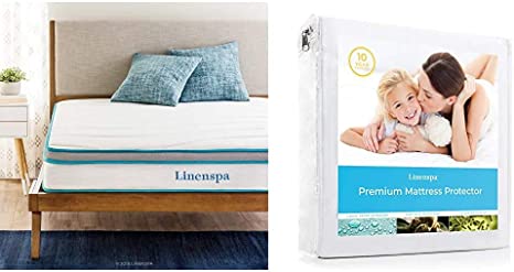 Linenspa 8 Inch Memory Foam and Innerspring Hybrid Mattress - Medium-Firm Feel - Twin & Premium Smooth Fabric Mattress Protector-100% Waterproof-Hypoallergenic-Vinyl Free Protector, Twin, White