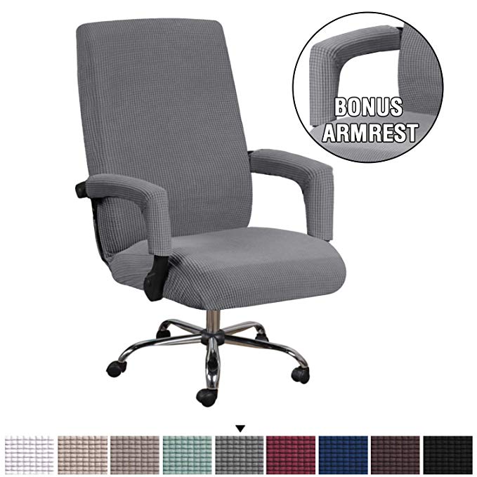 H.VERSAILTEX Jacquard Spandex Office Chair Cover Computer Chair Universal Boss Chair Cover High Spandex Lycra Chair Cover Machine Washable, Super Soft Bonus with Office Chair Arm Covers, Medium, Gray