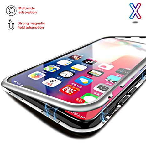 【TECHGLEE】 Magnetic Adsorption Case for iPhone X Silver - Clear Tempered Glass Back [Metal Frames] Full Body Slim Fit Ultra-Thin Case, Luxury Transparent Magnet Case iPhone X/10 - New Protective Cover