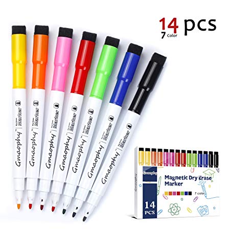 Magnetic Dry Erase Markers - 14 Pcs 7 Color Whiteboard Markers with Eraser Cap, Low Odor Dry Erase Markers for Glass/Whiteboard/Porcelain/Plastic/School/Office