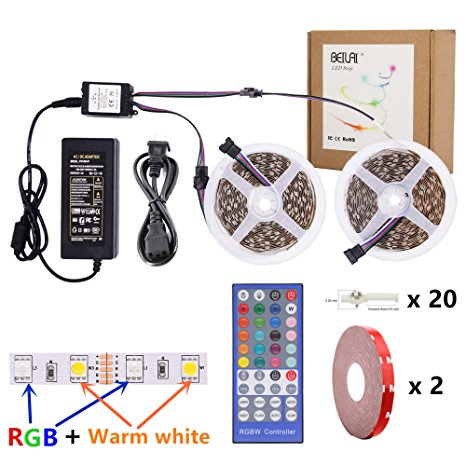 RGBWW LED Strip Lights Kit,BEILAI RGBWW LED Light Strip SMD 5050 DC 12V Flexible Neon Tape 32.8 Ft (10M) 60led/m with 40key RF Controller for Christmas Kicthen Party Indoor and Outdoor decoration