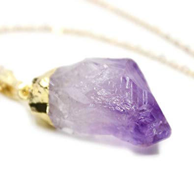 KISSPAT Unpolished Raw Amethyst Stone Pendant Necklace With 26' Long Chain