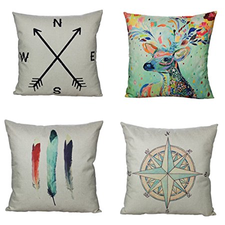 All Smiles Cotton Linen Sofa Home Decor Design Throw Pillow Case Cushion Covers Decorative Square 18 X 18 for Couch,Deer Antlers,Feathers,Compass,Set of 4