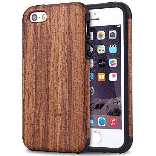 iPhone SE Case, Tendlin [Good Protection] Natural Wood Back Flexible TPU Silicone Hybrid Arc Bumper Shockproof Wooden Case [Drop Proof] for iPhone SE and iPhone 5S / 5 (Red Sandalwood)