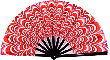 Amajiji Large Peacock Folding Fan, Chinease/Japanese Folding Nylon-Cloth Hand Fan, Hand Folding Fans for Women/Men, Hand Fan Festival Gift Fan Craft Fan Folding Fan Dance Fan (Red Peacock)