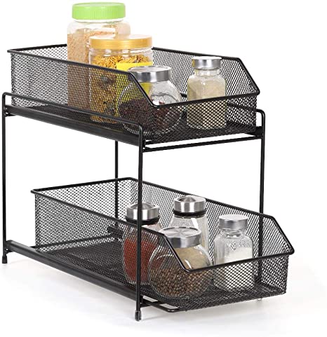 Nandae 2 Tier Sliding Baskets, Pull-out Mesh Baskets Drawer Shelf Stackable Cabinet Organizer for Kitchen Under Sink Storage