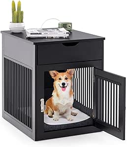 COSTWAY Dog Crate, Furniture Style Puppy Cage End Table with Wired & Wireless Charging, Drawer, Lockable Door and Soft Cushion, Indoor Pet Kennel for Small Dogs, 50 x 64 x 63 cm (Black)