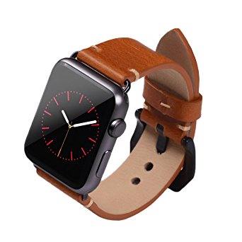 Apple Watch Band, 38mm Vintage Vegetable Tanned Leather Watch Band For I Watch With Secure Metal Clasp ,Fit For All Apple Watch Edition (38mm Light Brown Black Adaptor)