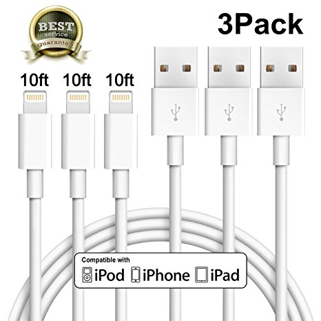 iPhone Charger Cable 10FT Atill Lightning Cable Extra Long Compatible with iPhone 8 8 Plus iPhone 7 7 Plus 6 6s 6 plus 6s plus 5 5s 5c iPa iPod & More (White, 3Pack)