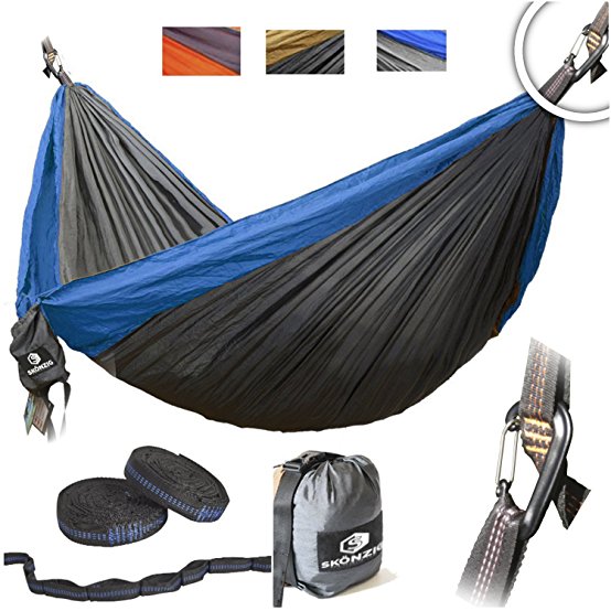 Skonzig Single, Double Camping Hammock - Lightweight Portable Parachute Nylon - Include Heavy-Duty Carabiners & Tree Straps.