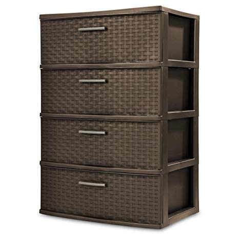 STERILITE 4-Drawer Wide Weave Tower, Espresso Frame & Drawers w/Driftwood Handles, 1-Pack