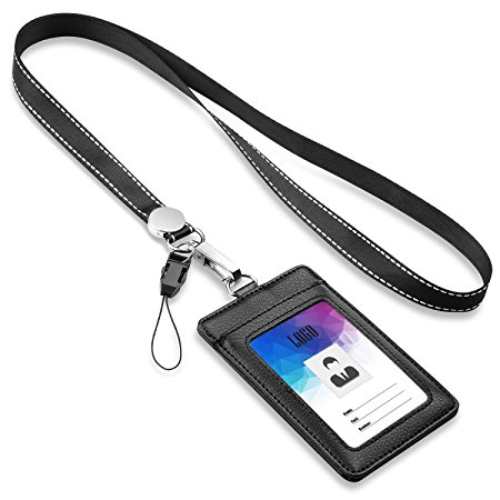 Badge Holder,FZR Legend 2-Sided PU Leather ID Card Badge Holder with 1 ID Window, 1 Card Slot and 1 piece 21" Heavy Duty Lanyard / Strap,Vertical Style - Black