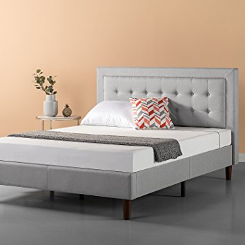 Zinus Upholstered Button Tufted Premium Platform Bed / Strong Wood Slat Support / Grey Sand, Queen