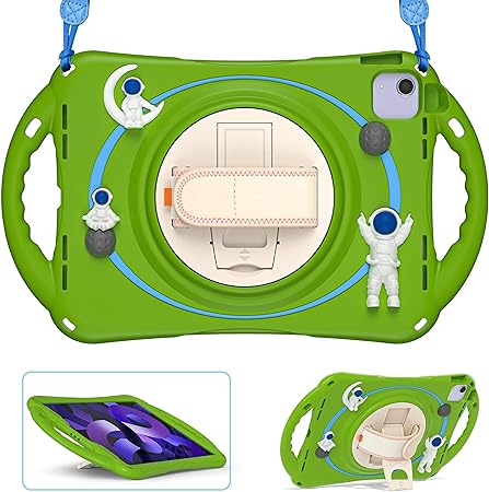 ZenRich Kids Astronauts Case for iPad Air 5th/ Air 4th Gen 10.9'', Silicone Spaceman Case with Pencil Holder Stand Hand Strap Shoulder Belt Handle Grip, Glass Green