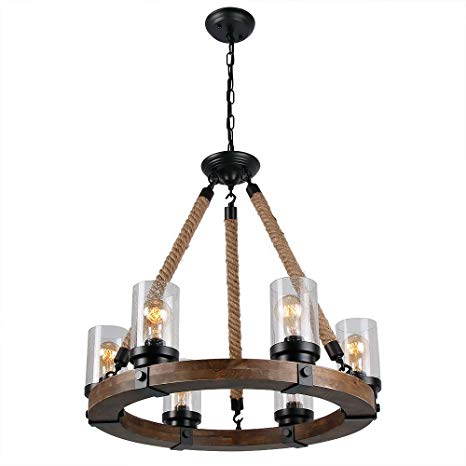 Anmytek Round Wooden Chandelier with Seeded Glass Shade Rope and Metal Pendant Six Lights Decorative Lighting Fixture Retro Rustic Antique Ceiling Lamp