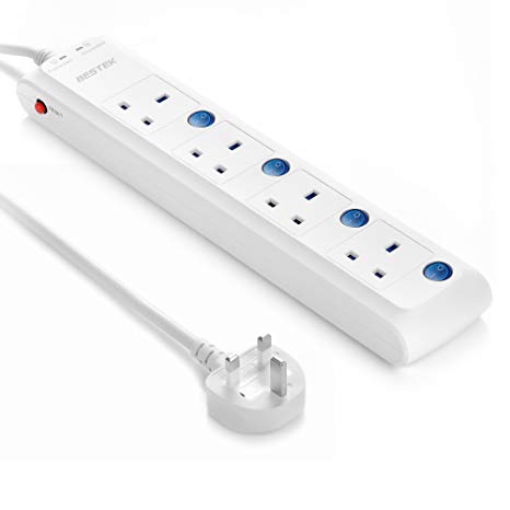 BESTEK 4 Way Extension Socket Power Strip Outlet with Surge Protection Individual Switches,1.8M Extension Electric Cable