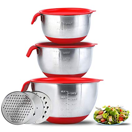 Stainless Steel Mixing Bowls with Airtight Lids, Non-Slip Serving Bowl Set of 3 for For Kitchen Cooking Baking Food Storage with 3 Grater