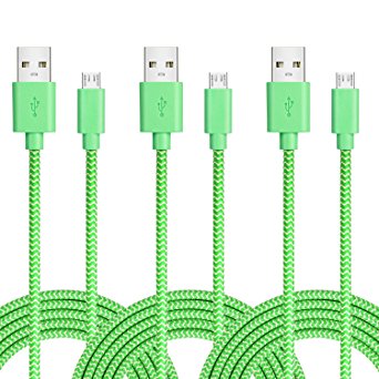 iSeeker Bundle of 3 Durable 6.6ft/2m Nylon Braided Tangle-Free Micro USB Cable for Android, Samsung, HTC, Motorola, Nokia and More(Green)