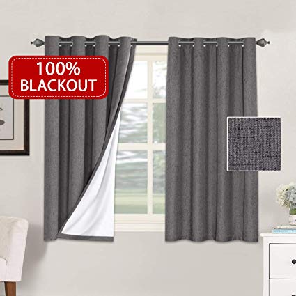 H.VERSAILTEX 100% Blackout Waterproof Curtain for Bedroom Textured Linen Window Curtains Home Decor Thermal Insulated Room Darkening Drapes for Small Window, 2 Panels, 52x54, Grey with White Liner