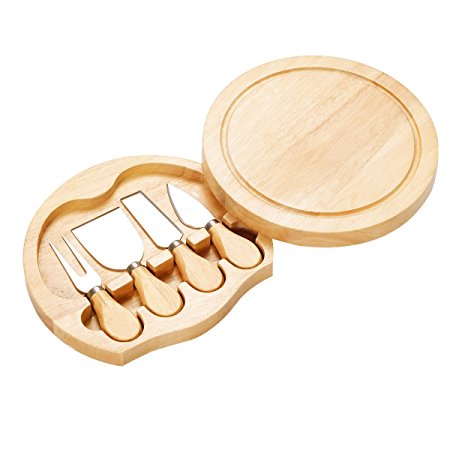 5 PCS Stainless Steel Cheese Knife Set with Round Wood Slide Out Cutting Board   FREE E - Book