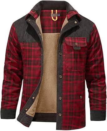 Haellun Men's Long Sleeve Sherpa Lined Shirt Jacket Flannel Plaid Fleece Coats