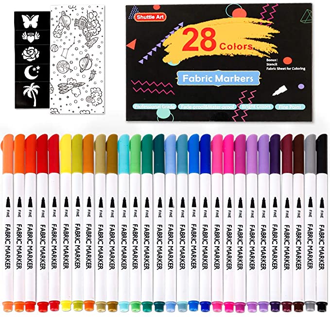 28 Colors Fabric Markers, Shuttle Art Fabric Markers Permanent Markers for T-Shirts Clothes Sneakers Jeans with 11 Stencils 1 Fabric Sheet,Permanent Fabric Pens for Kids Adult Painting Writing