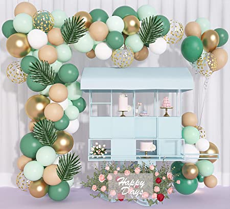 Jungle Safari Party Sage Green Balloons Arch Garland Kit, Peach White Gold Confetti Balloons & Palm Leaves & 5Tools for Forest Tropical Jungle Animal Wild One Birthday Party Baby Bridal Shower