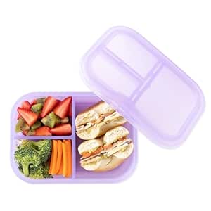 Bumkins Snack/Lunch Bento Box for Kids and Adults, 3 Compartment Container, Leak Proof Lid, for Portioning, Large Section Can Hold Sandwich, Food-Safe LFGB Platinum Silicone, Microwave-Safe, Purple