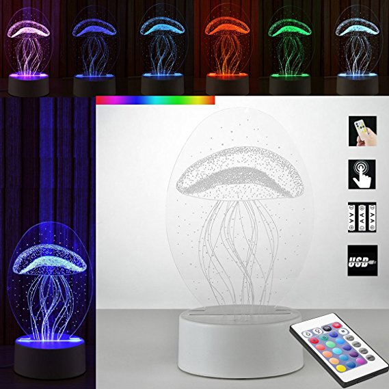 PojoTech 3D Night Light Jellyfish 7 Colors Change with Remote Control Good Night light for Nursery or Kids Bedroom (Colorful-Jellyfish)