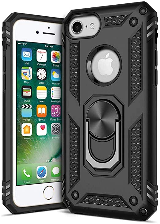 ORIbox Ring Kickstand Phone Case for iPhone 8 / iPhone 7, Heavy Duty Dual Layer Drop Protection, Hard Shell   Soft TPU   Ring Stand, Black, iPhone 7/8 (iPhone 7/8)