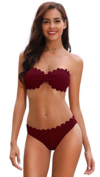 SHEKINI Women's Sexy Scalloped Trim Lace Bandeau Bikini Set Two Pieces Swimwear