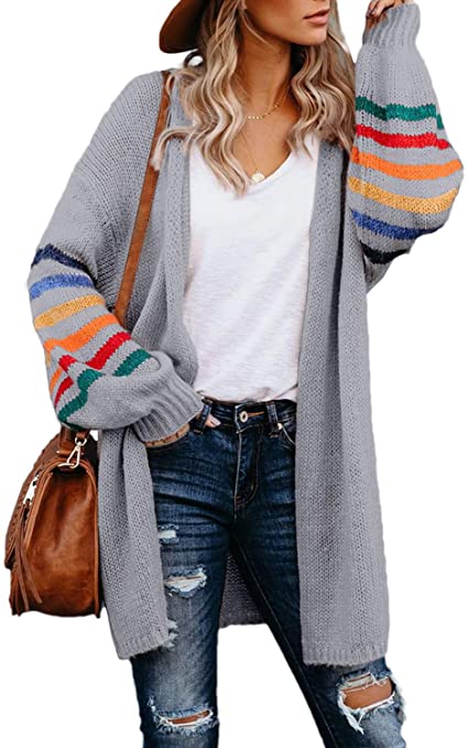 Dokotoo Women's Long Open Front Cardigans Striped Color Block Loose Knit Sweaters Outwear Coat