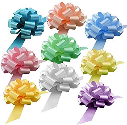 Big Easter Gift Basket Pull Bows - 9" Wide, Set of 9, Light Pink, Blue, Yellow, Lavender, Bows for Gifts, Christmas Presents