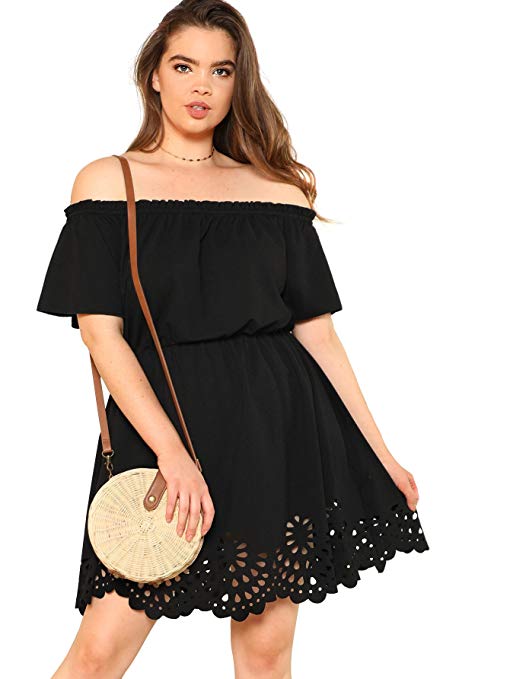 Romwe Women's Plus Size Off The Shoulder Hollowed Out Scallop Hem Party Short Dresses