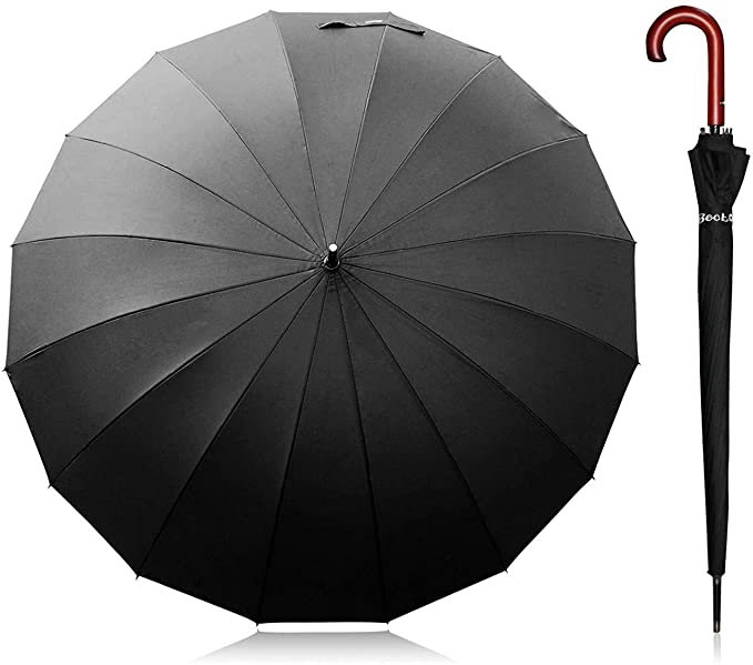 Becko Stick Tote Umbrella, Durable and Strong Enough for The Fierce Wind and Heavy Rain, Unisex Golf Umbrella, Color Black or Clear, with J-Handle / 16 Ribs (Black J-Handle16 Ribs)