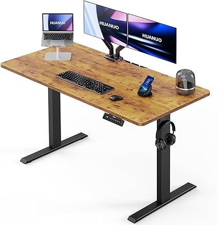 HUANUO Electric Standing Desk Adjustable Height, 48" x 24" Sit Stand Home Office Desk, Memory Computer Workstation, Vintage Brown