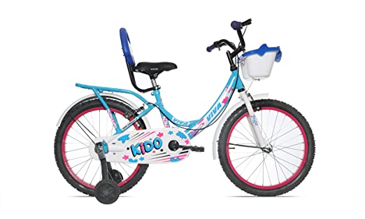 Viva KIDO Single Speed 20T Steel Bicycle for Girls with Training Wheels and Basket (Blue-White) | Ideal for 7 to 10 Years