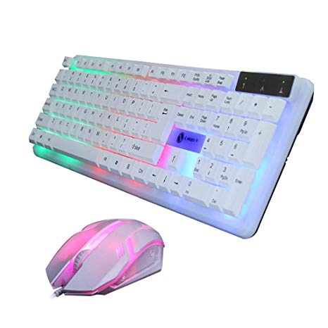 T11 Multiple Color Rainbow LED Backlit Large Size USB Wired Mechanical Feeling Multimedia Gaming Keyboard with Mouse (White)