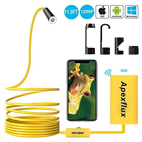 WiFi Endoscope Camera,1200P Semi-Rigid Wireless Endoscope Inspection Camera IP68 Waterproof USB Borescope Camera HD Snake Camera for Android,iPhone, Samsung,Tablet by Apexflux (Yellow)