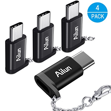 Type C Adapter,Micro USB to USB-C Adapter,[4Pack] by Ailun,Small with Keychain,Sync and Charge,for MacBook,ChromeBook Pixel,Nexus 5X,Nexus 6P,Nokia N1 and Other Type C Port Devices[Black]