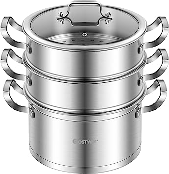 COSTWAY 3-Tier Stainless Steel Steamer for Cooking, Boiler Pot with Handles on Both Sides, Transparent Tempered Glass Lid, Free Combination Design, for Induction, Radiant-Tube Furnace