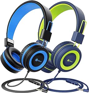 iClever [2 Pack] HS14 Kids Headphones with Microphone, Headphones for Kids with Safe Volume Limited 85dB/94dB, Adjustable Headband, Foldable Headphones for Boys/Girls/School/Travel/iPad, Blue&Green