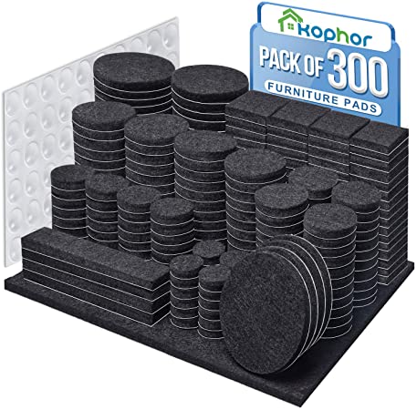 Furniture Pads 300 PCS Felt Pads for Chair Legs - 10 Sizes Furniture Felt Pads for Furniture Feet Self Adhesive Anti Scratch 5mm Thick Floor Protector Pads Black Huge Quantity with 60 Cabinet Bumpers