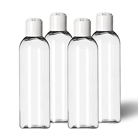 MoYo Natural Labs 4 oz Travel Bottles, Empty Travel Containers with Flip Caps, BPA Free PET Plastic Squeezable Toiletry/Cosmetic Bottles (Neck 20-410) (Pack of 4, Clear)