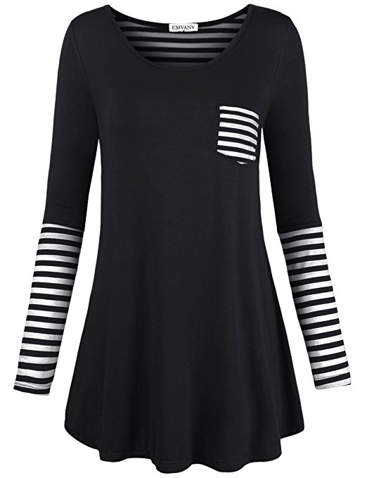 EMVANV Women's Soft Casual Back and Sleeve Stripe A-Line T Shirt Dress Tunic Top